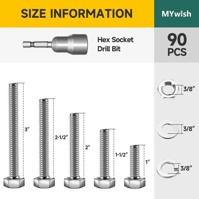 MYWISH مجموعة 90 قطعة من براغي 3/8، صواميل رأس سداسي ومجموعة براغي، فولاذ مقاوم للصدأ 304، مجموعة متنوعة من براغي وصواميل 3/8، براغي ملولبة بالكامل 3/8-16، تشمل 5 أحجام من مجموعة البراغي - Image 2
